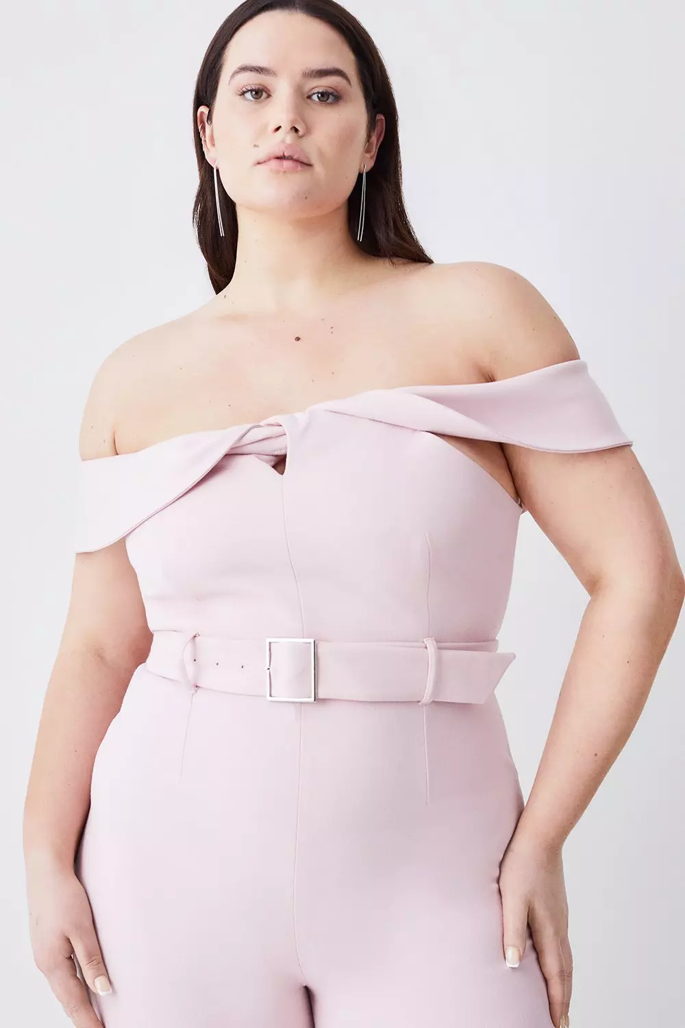 Plus Size Structured Crepe Off The Shoulder Belted Wide Leg Jumpsuit |  Karen Millen